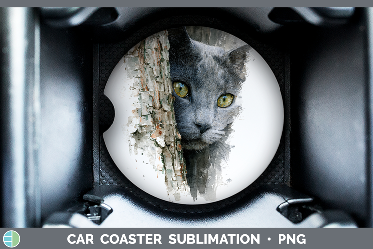 Russian Blue Cats Tree Peek Car Coaster Sublimation Design