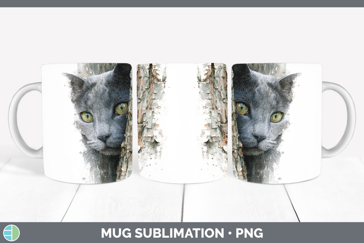 Russian Blue Cats Tree Peek Mug Wrap Sublimation Design