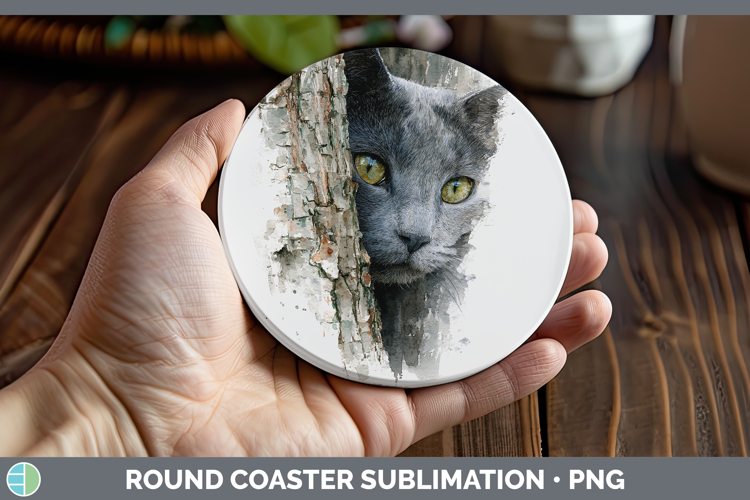 Russian Blue Cats Tree Peek Round Coaster Sublimation Design