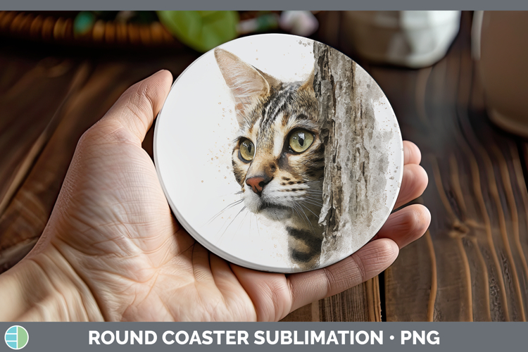 Savannah Cats Tree Peek Round Coaster Sublimation Design