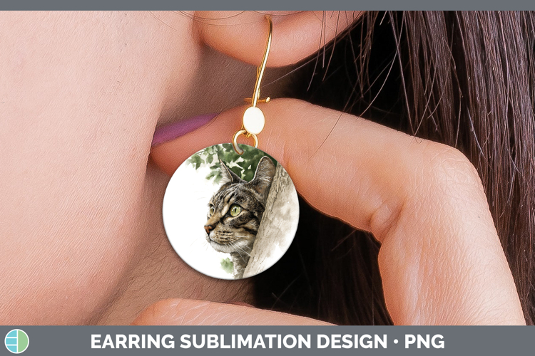 Tabby Cats Tree Peek Round Earrings Sublimation Design