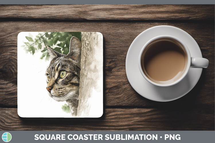 Tabby Cats Tree Peek Square Coaster Sublimation Design
