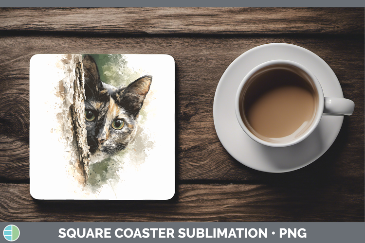 Tortoiseshell Cats Tree Peek Square Coaster Sublimation Desi