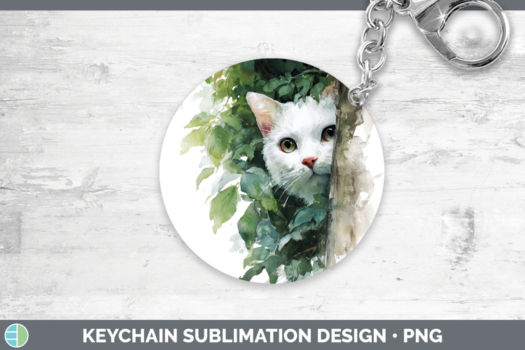 White Cats Tree Peek Keychain Sublimation Design