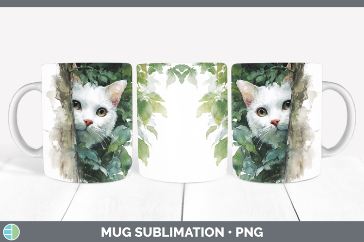 White Cats Tree Peek Mug Wrap Sublimation Design