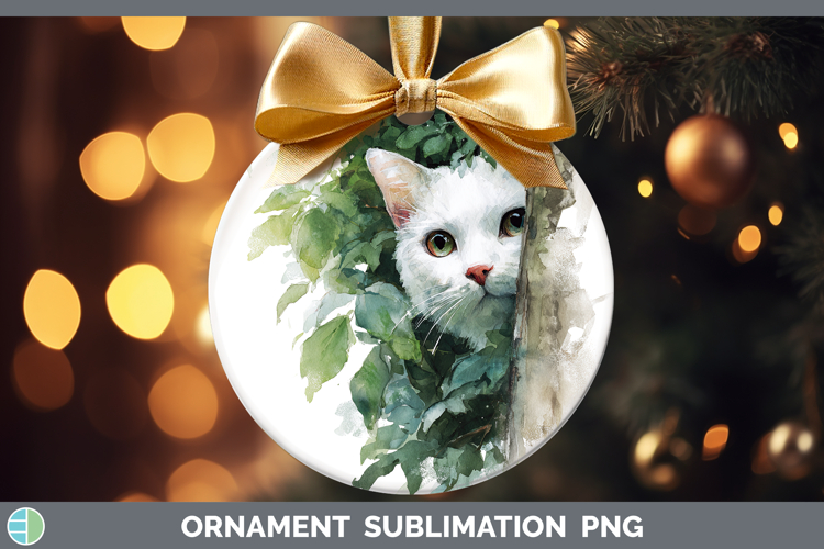 White Cats Tree Peek Ornament Sublimation Design