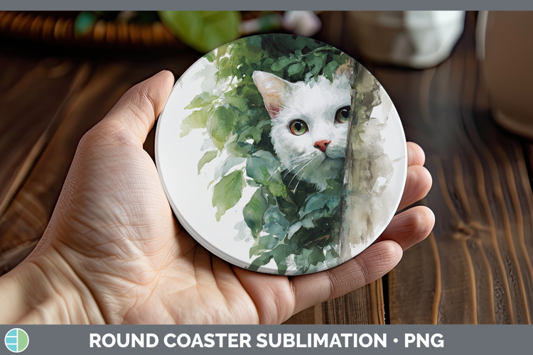 White Cats Tree Peek Round Coaster Sublimation Design