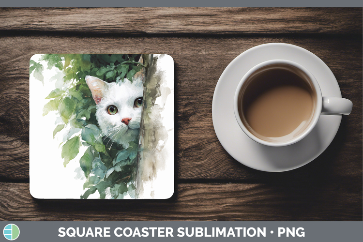 White Cats Tree Peek Square Coaster Sublimation Design