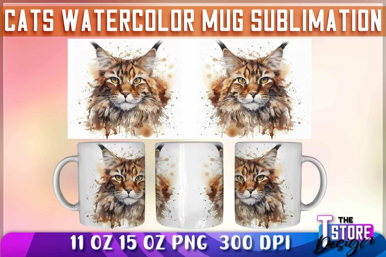 Cats Watercolor Mug Sublimation | 11 oz 15 oz | PNG File
