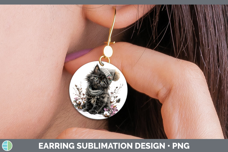 Black Cats Winter Knit Hat Round Earrings Sublimation Design