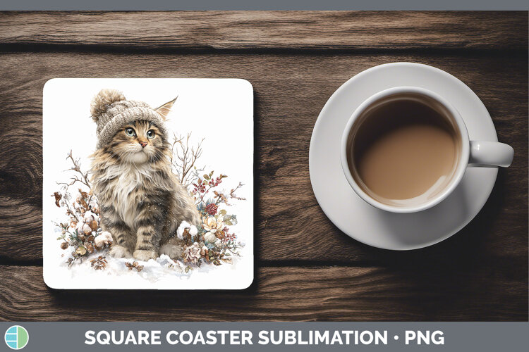 GorgeousCats Winter Knit Hat Square Coaster design.