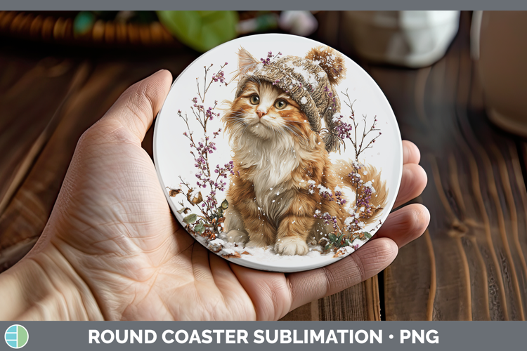 Orange Cats Winter Knit Hat Round Coaster Sublimation Design