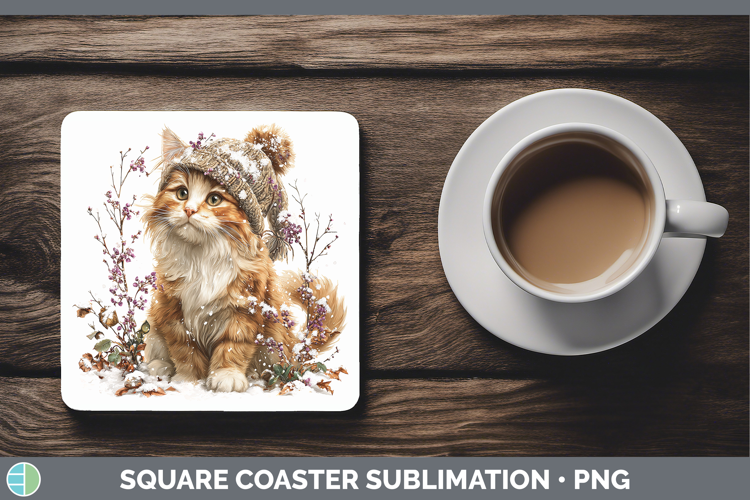 Orange Cats Winter Knit Hat Square Coaster Sublimation Desig