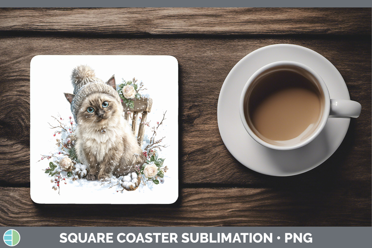 Siamese Cats Winter Knit Hat Square Coaster Sublimation Desi