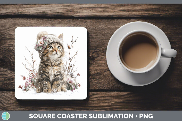 GorgeousCats Winter Knit Hat Square Coaster design.