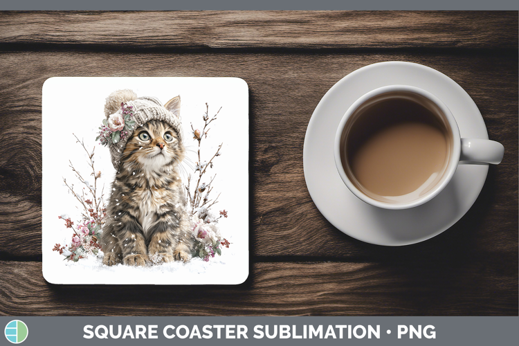 Tabby Cats Winter Knit Hat Square Coaster Sublimation Design