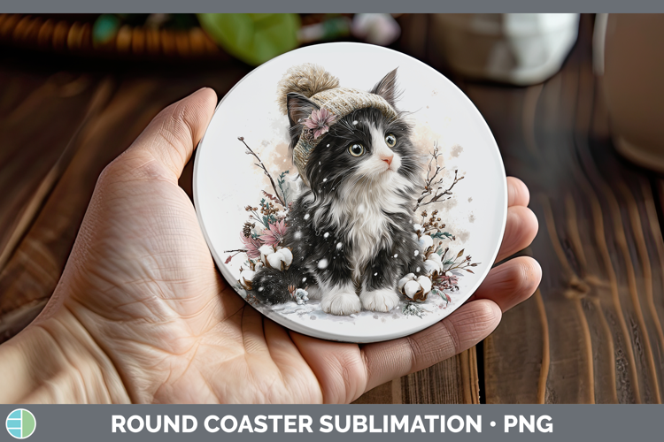 Tuxedo Cats Winter Knit Hat Round Coaster Sublimation Design