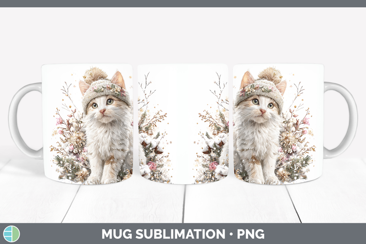 White Cats Winter Knit Hat Mug Wrap Sublimation Design