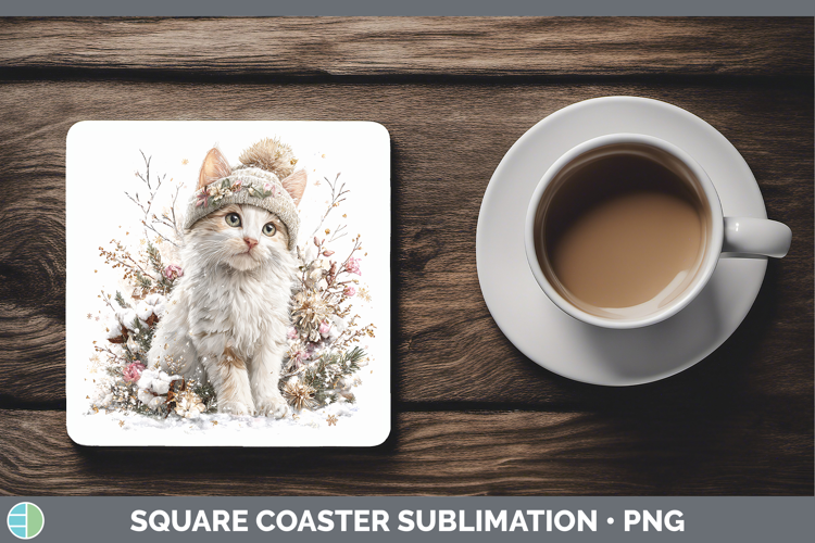 White Cats Winter Knit Hat Square Coaster Sublimation Design