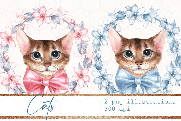 Watercolor cats with flowers | 2 PNG sublimation designs example image 1