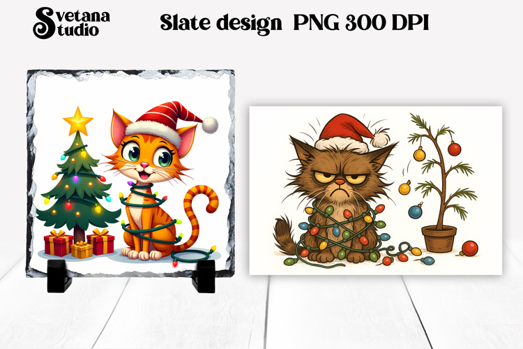 Funny Christmas cat slate PNG | Christmas animal sublimation