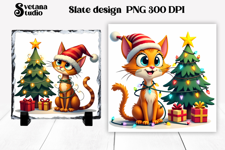 Funny Christmas cat slate PNG | Christmas animal sublimation