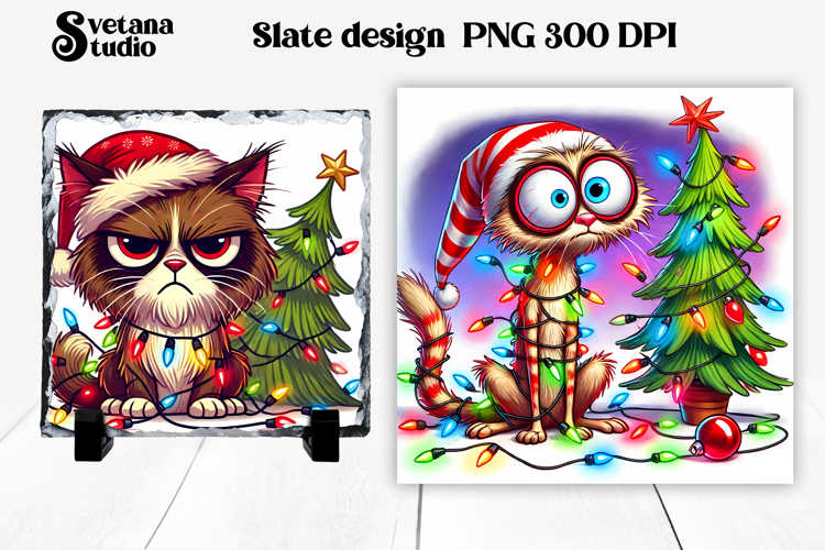 Funny Christmas cat slate PNG | Christmas animal sublimation