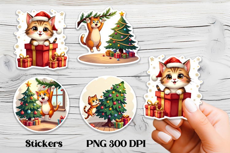 Cute Christmas cat stickers printable | Cute animal sticker