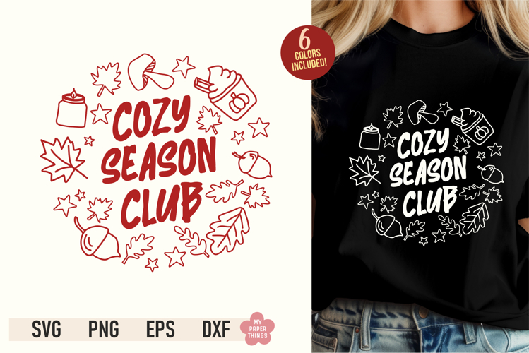 Cozy Season Club SVG PNG design with fall leaves, acorns, candle, and PSL cup displayed on a black t-shirt mockup