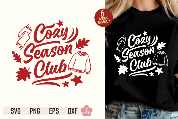 Cozy Season Club SVG PNG design with fall leaves, acorns, candle, and PSL cup displayed on a black t-shirt mockup