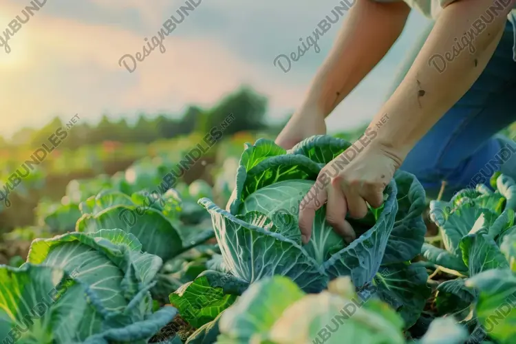 Man Collects Cabbage in the Field Background