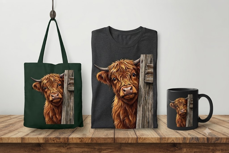 Highland Cow Peeking Behind Barn Wood PNG Farmhouse Clipart