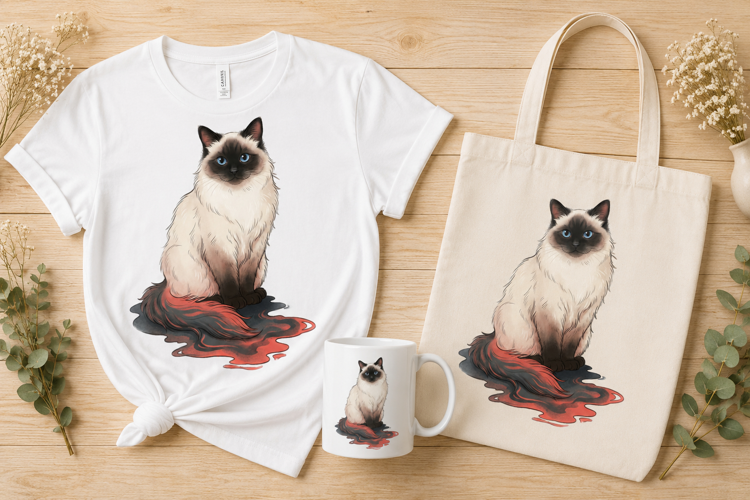 Fluffy Siamese Cat Blue Eyes Digital Illustration Design