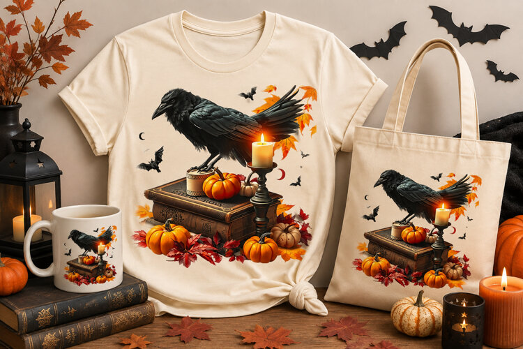 Halloween Raven PNG | Crow, Pumpkins, Candle & Autumn Leaves example image 1