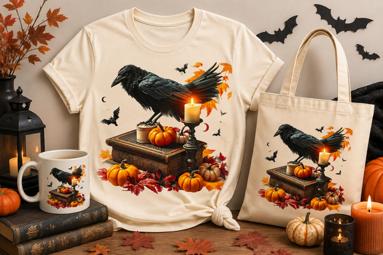 Halloween Raven PNG | Crow, Pumpkins, Candle & Autumn Leaves