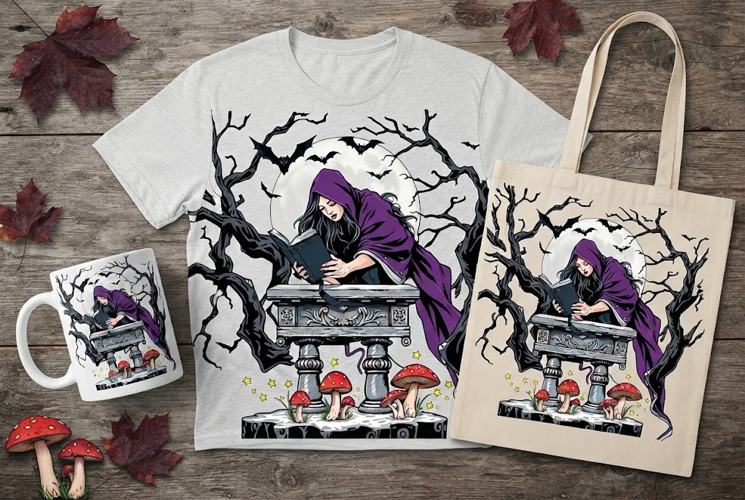 Gothic Witch Reading PNG | Purple Cloak, Moon & Mushrooms