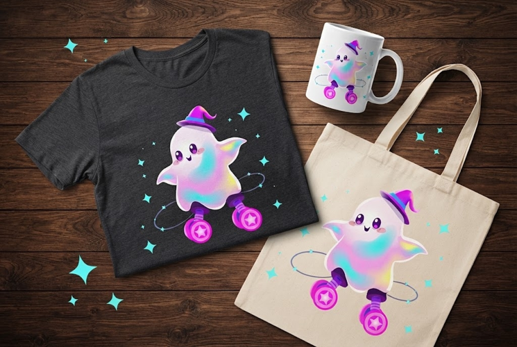 Cute Roller Skating Ghost PNG | Kawaii Halloween Clipart