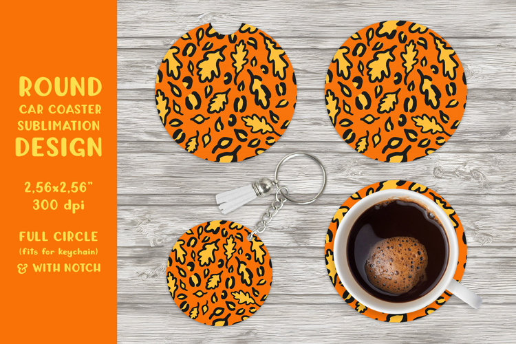 Fall leopard car coaster sublimation. Round coaster PNG 06