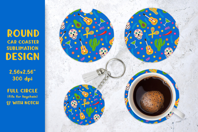 Dia De Los Muertos car coaster sublimation. Round coaster 07