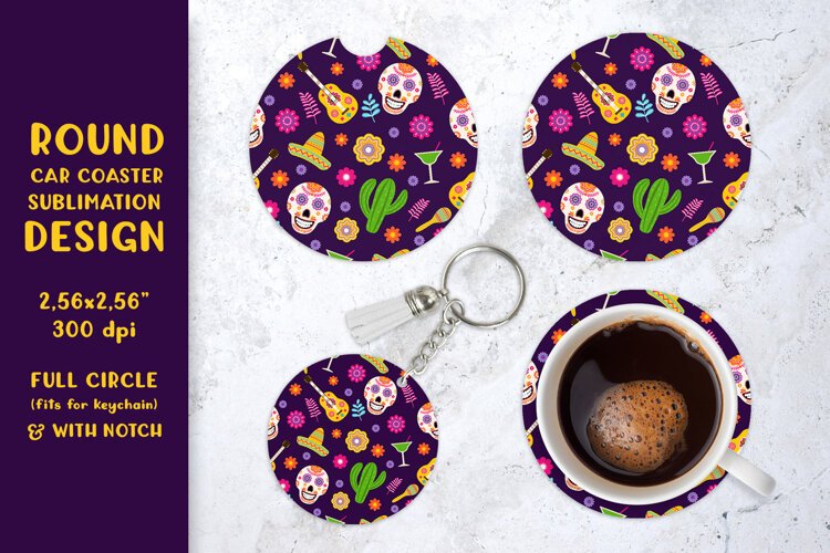Dia De Los Muertos car coaster sublimation. Round coaster 08 example image 1