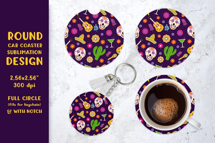 Dia De Los Muertos car coaster sublimation. Round coaster 08