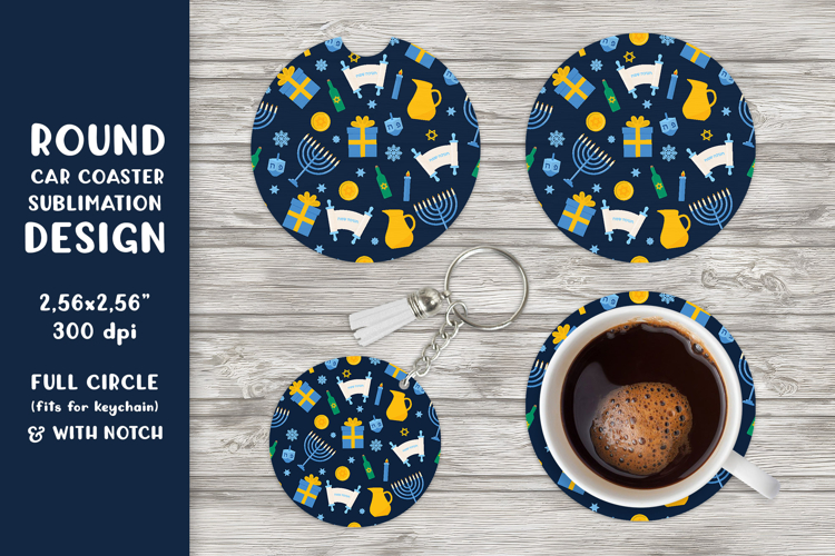 Hanukkah car coaster sublimation. Jewish round coaster 04
