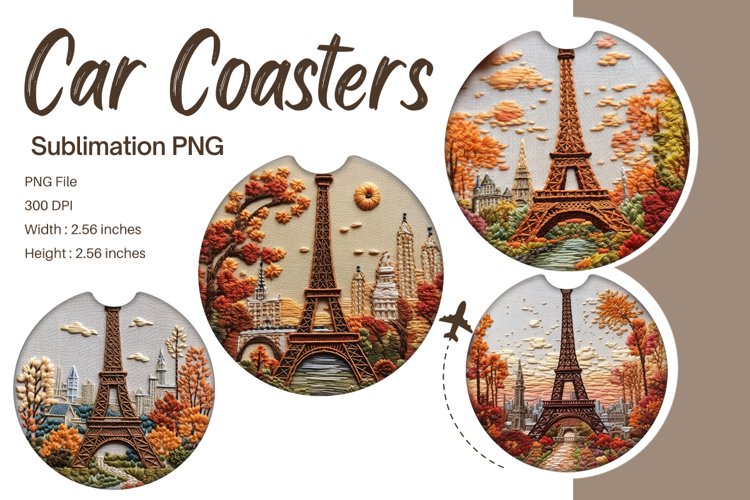 Eiffel Tower Flower Embroidery Car Coaster Sublimation