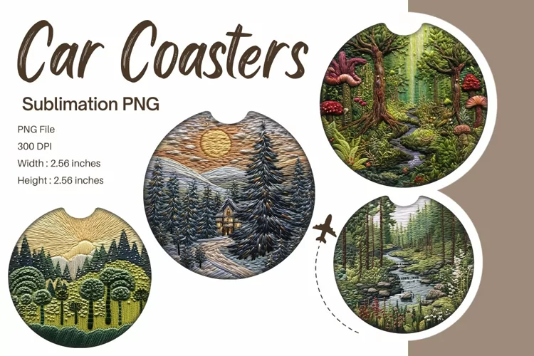 Forest Embroidery Car Coaster Sublimation Keychain Template