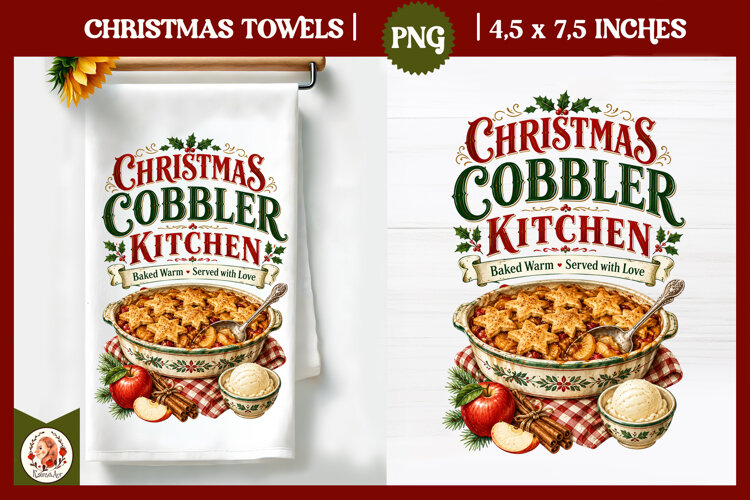 Vintage Christmas Kitchen Towel PNG |Retro farm sublimation example image 1