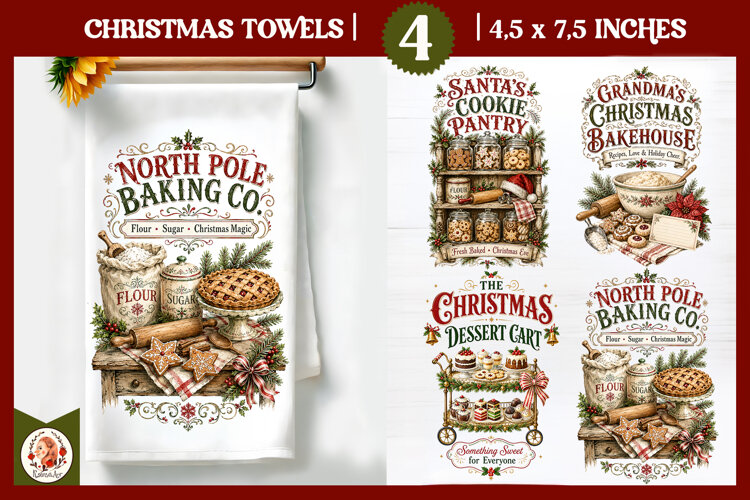 Vintage Christmas Kitchen Towel PNG |Retro farm sublimation example image 1