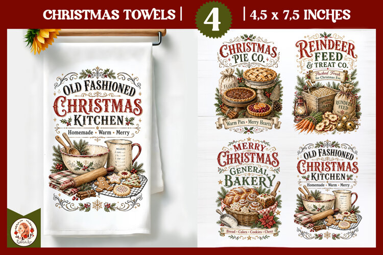 Vintage Christmas Kitchen Towel PNG |Retro farm sublimation example image 1