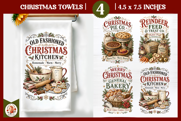 Vintage Christmas Kitchen Towel PNG |Retro farm sublimation