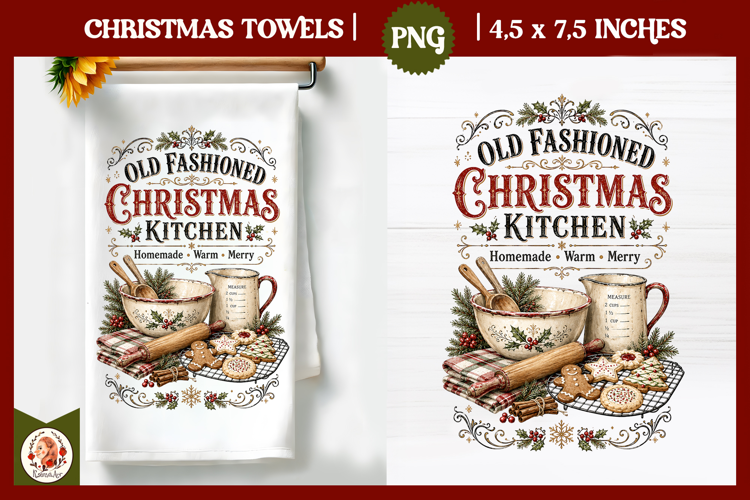 Vintage Christmas Kitchen Towel PNG |Retro farm sublimation