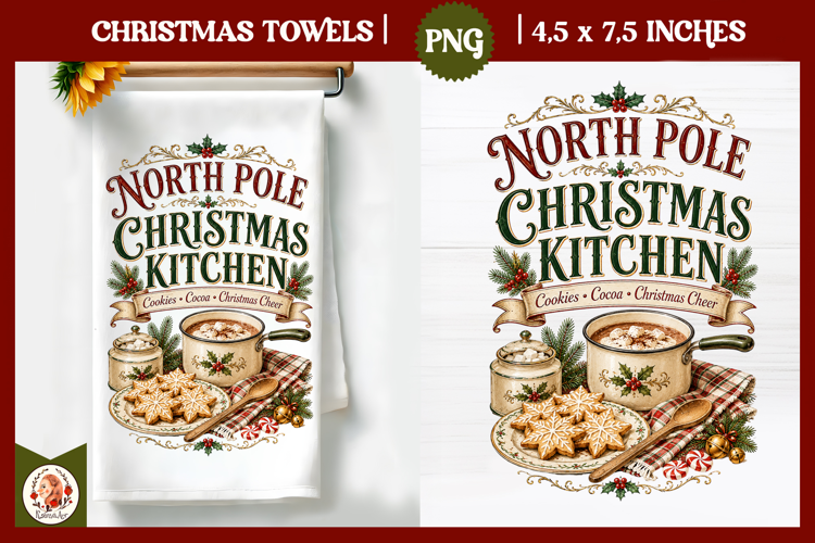 Vintage Christmas Kitchen Towel PNG |Retro farm sublimation
